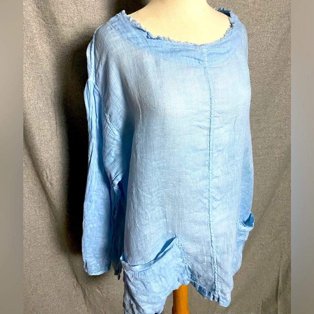 Luna Lux Boutique 100% Linen Light Blue Oversized Long Sleeve Tunic Top Size XS